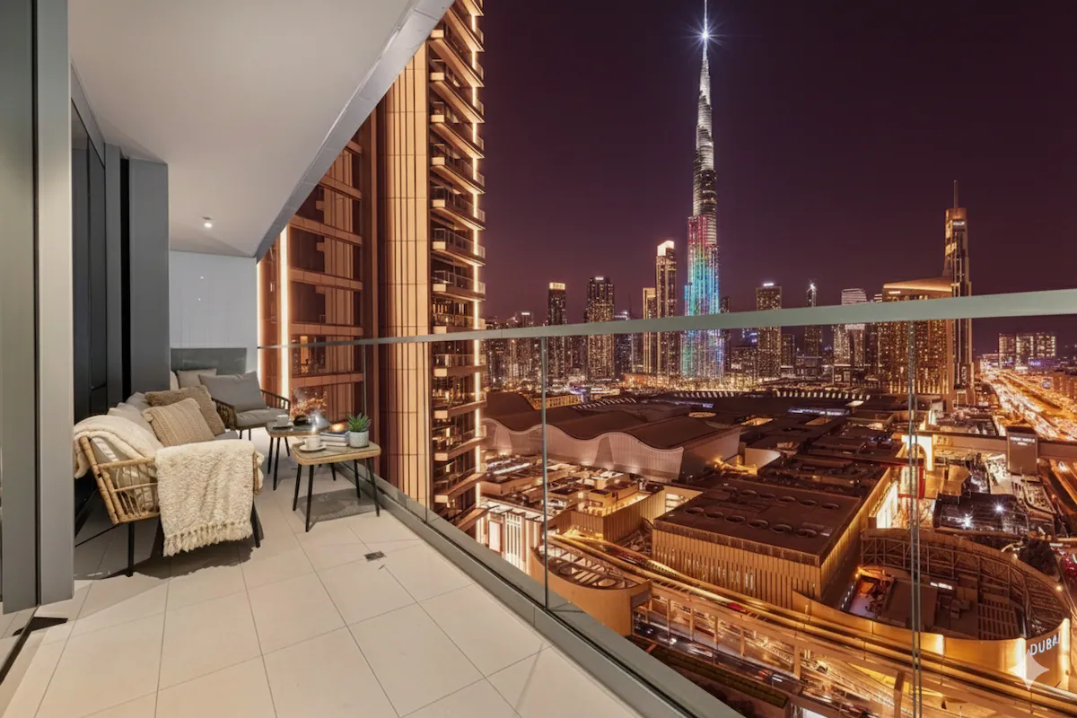 Balcony of our 2-bedroom apartment at Vida Residences Dubai Mall looking at Burj Khalifa at night