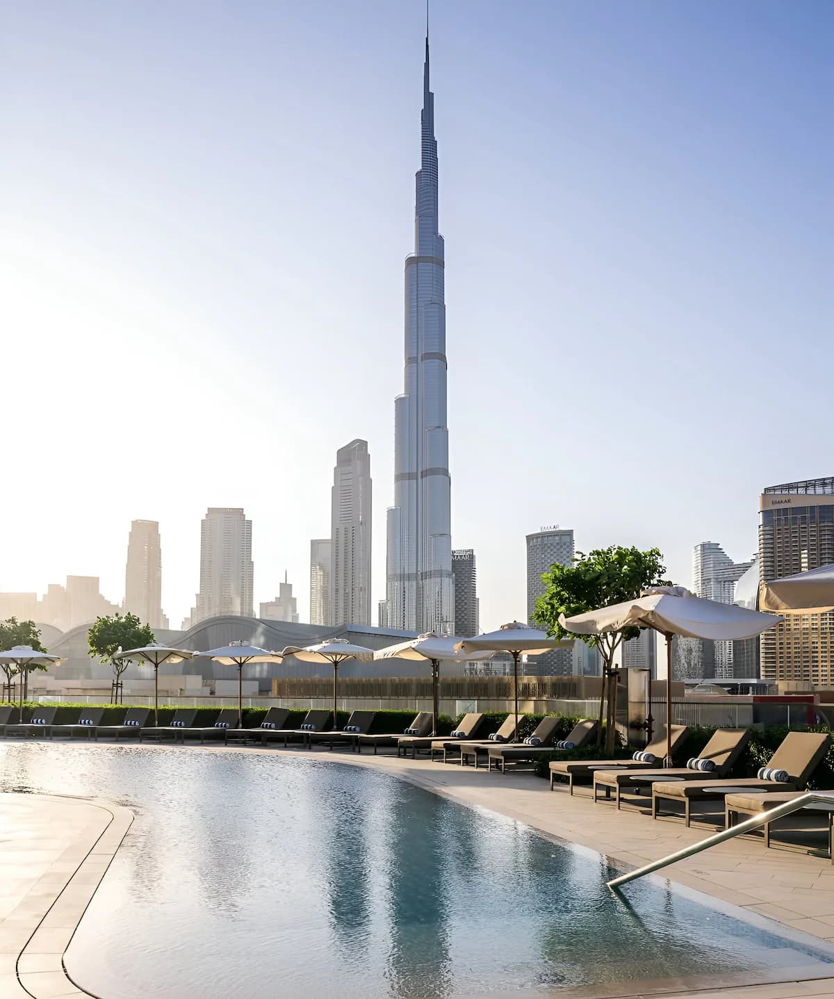 Pool deck at Vida Residences Dubai Mall with Burj Khalifa behind